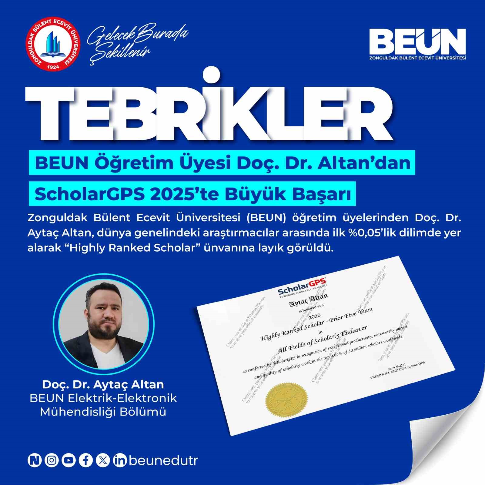 BEUN Öğretim Üyesi Doç. Dr. Altan’dan ScholarGPS 2025’te büyük başarı
